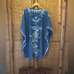 Vintage blue boho tropical tunic poncho mini dress